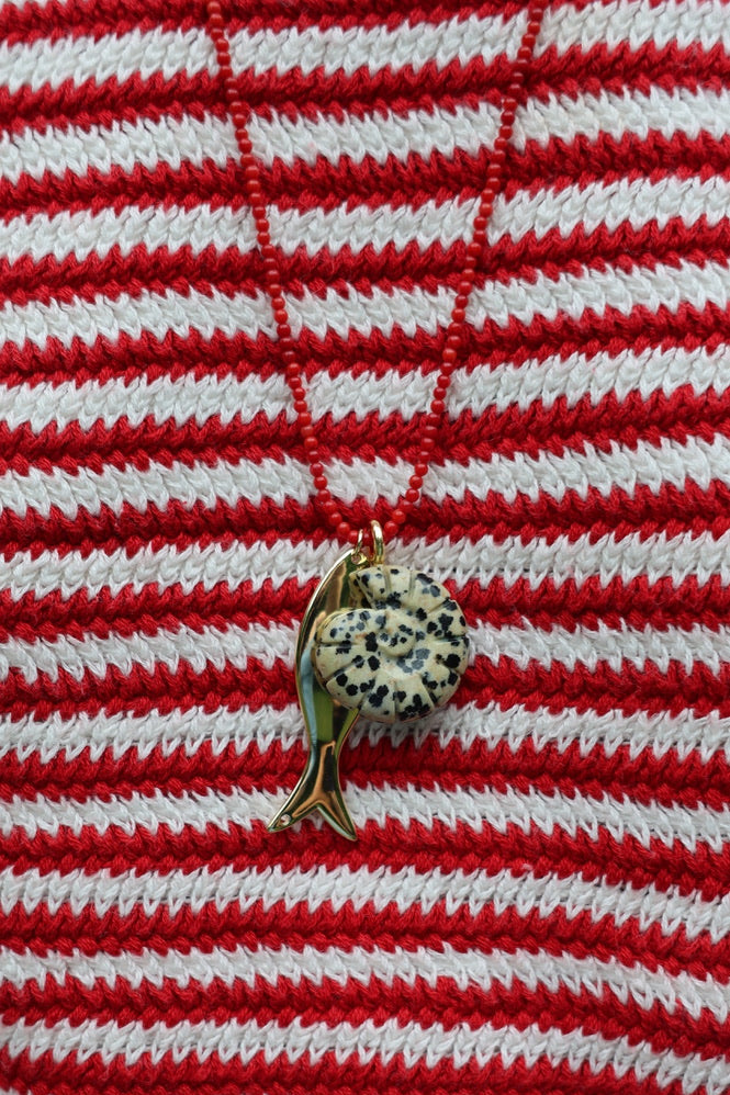 LouLu Necklaces Red Beaded Shell Fish Long Charm