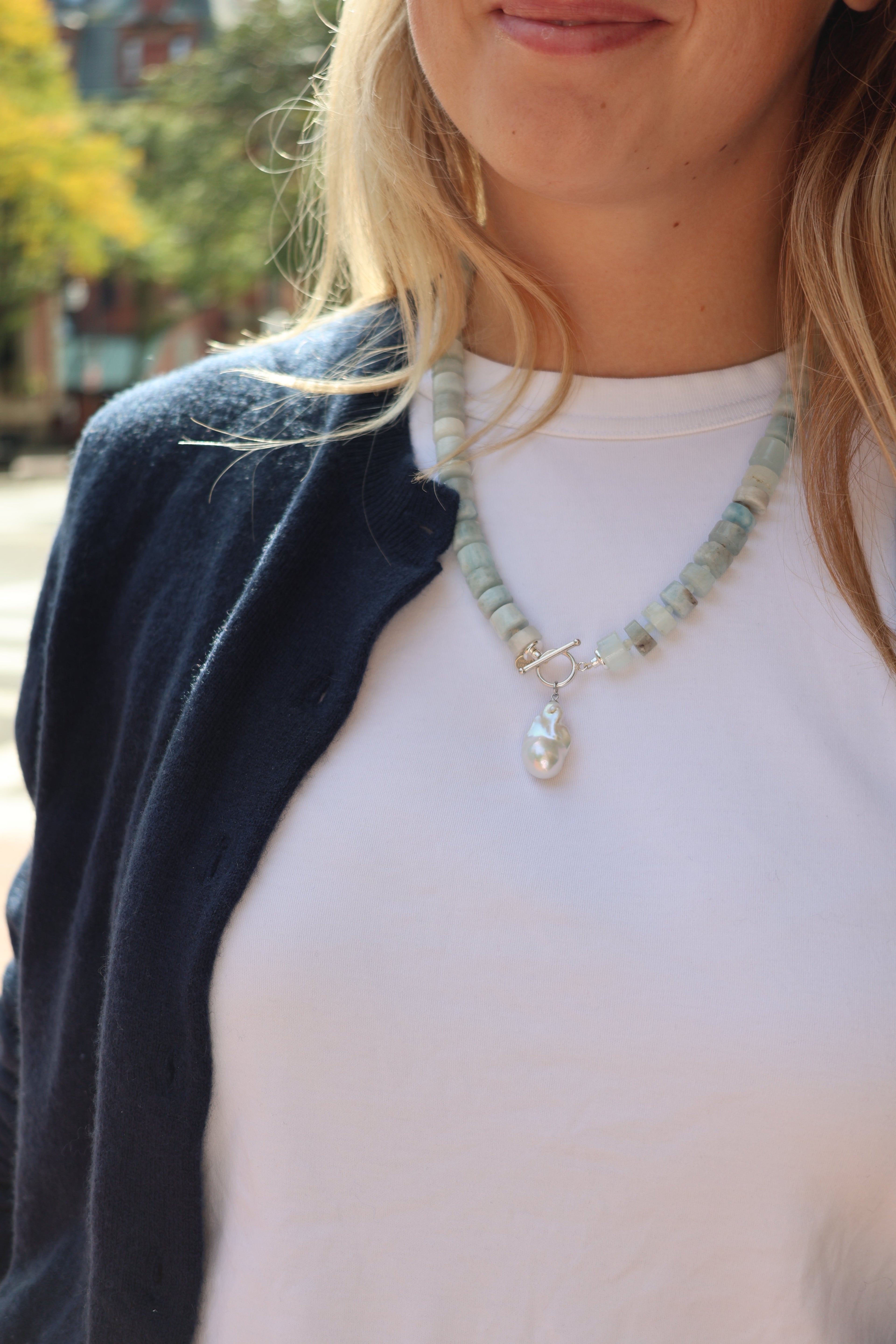 LouLu Necklaces Aquamarine Gemstone Pearl Charm Necklace