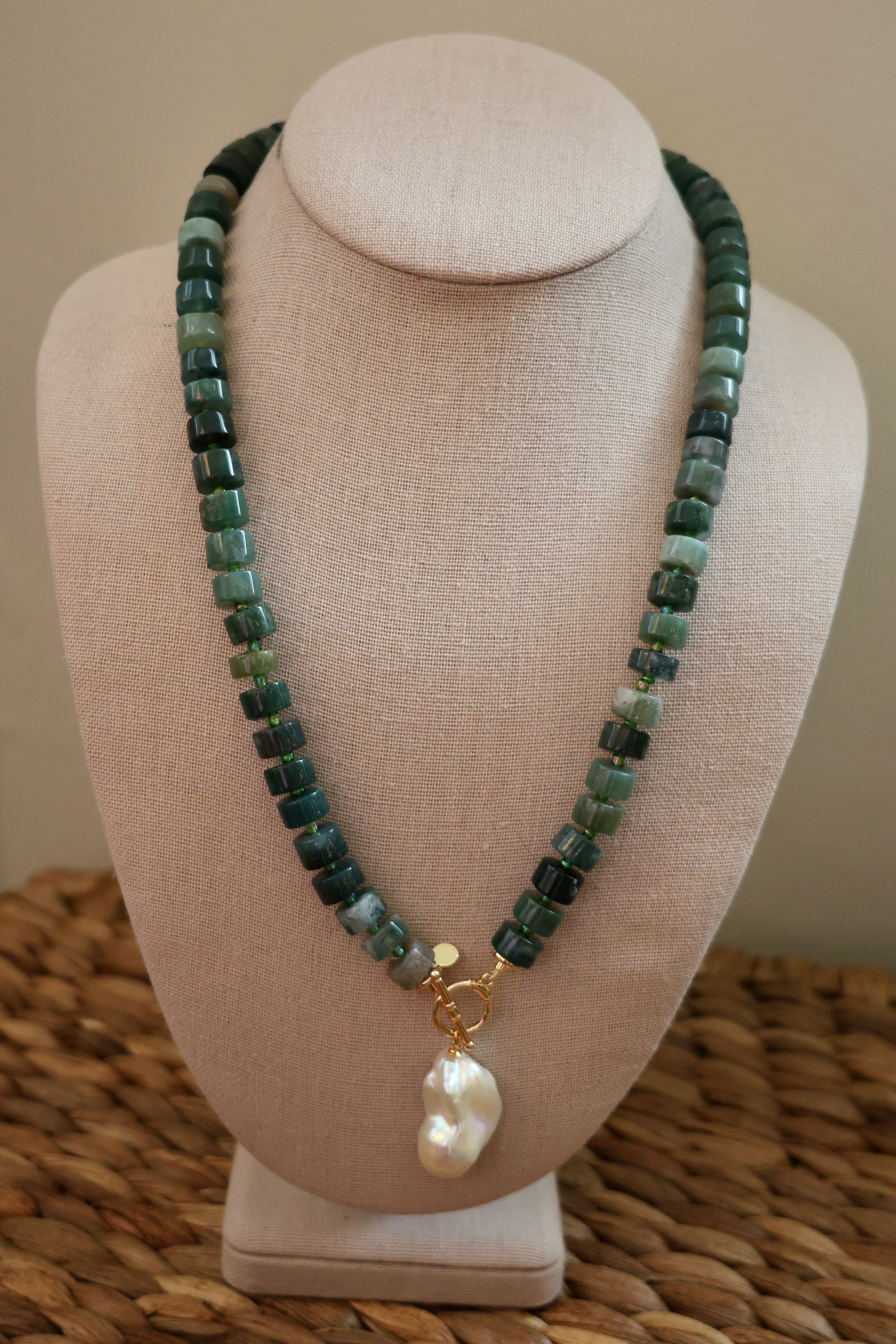 LouLu Necklaces Green Agate Gemstone Pearl Charm Necklace
