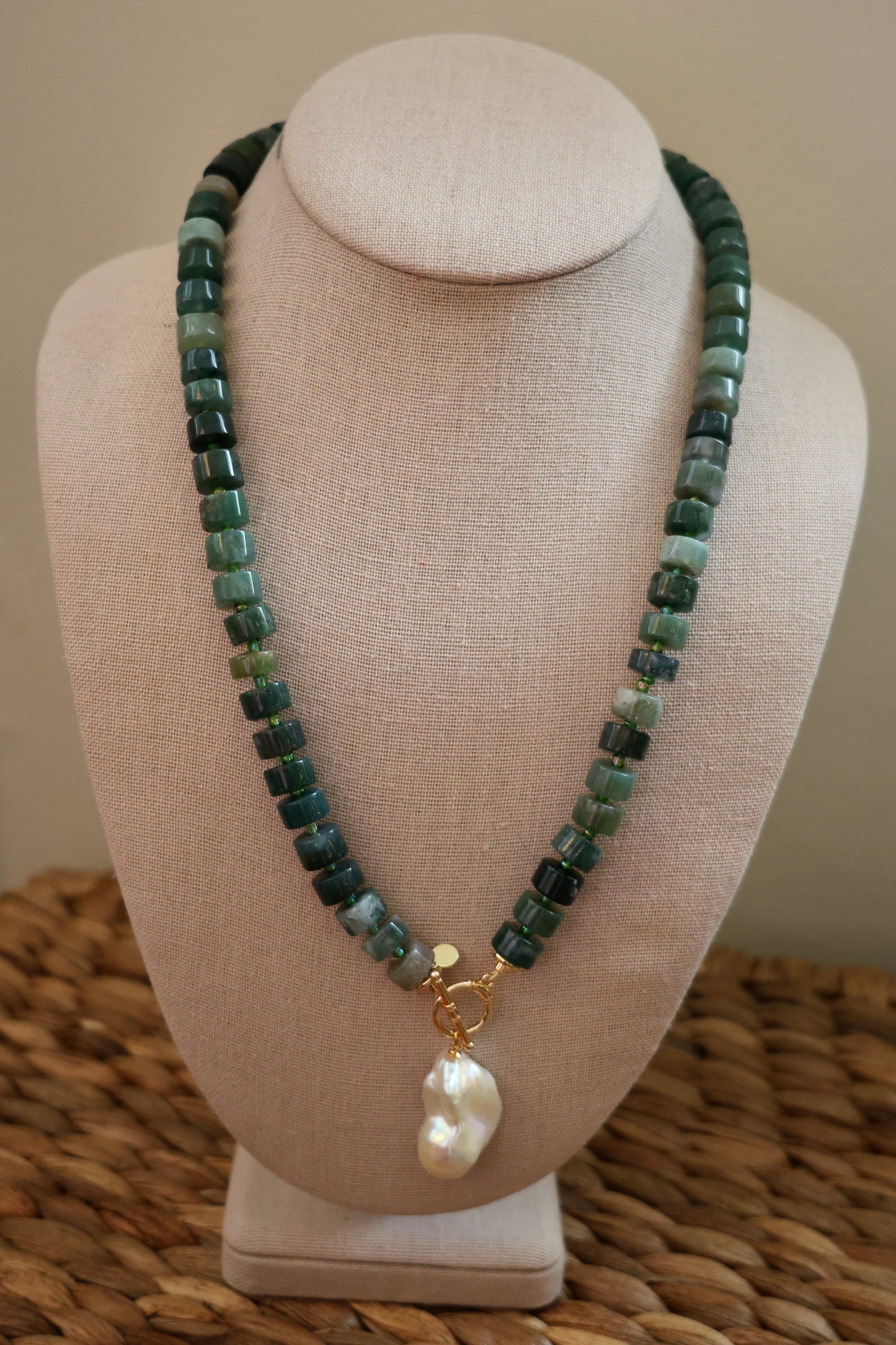 LouLu Necklaces Green Agate Gemstone Pearl Charm Necklace